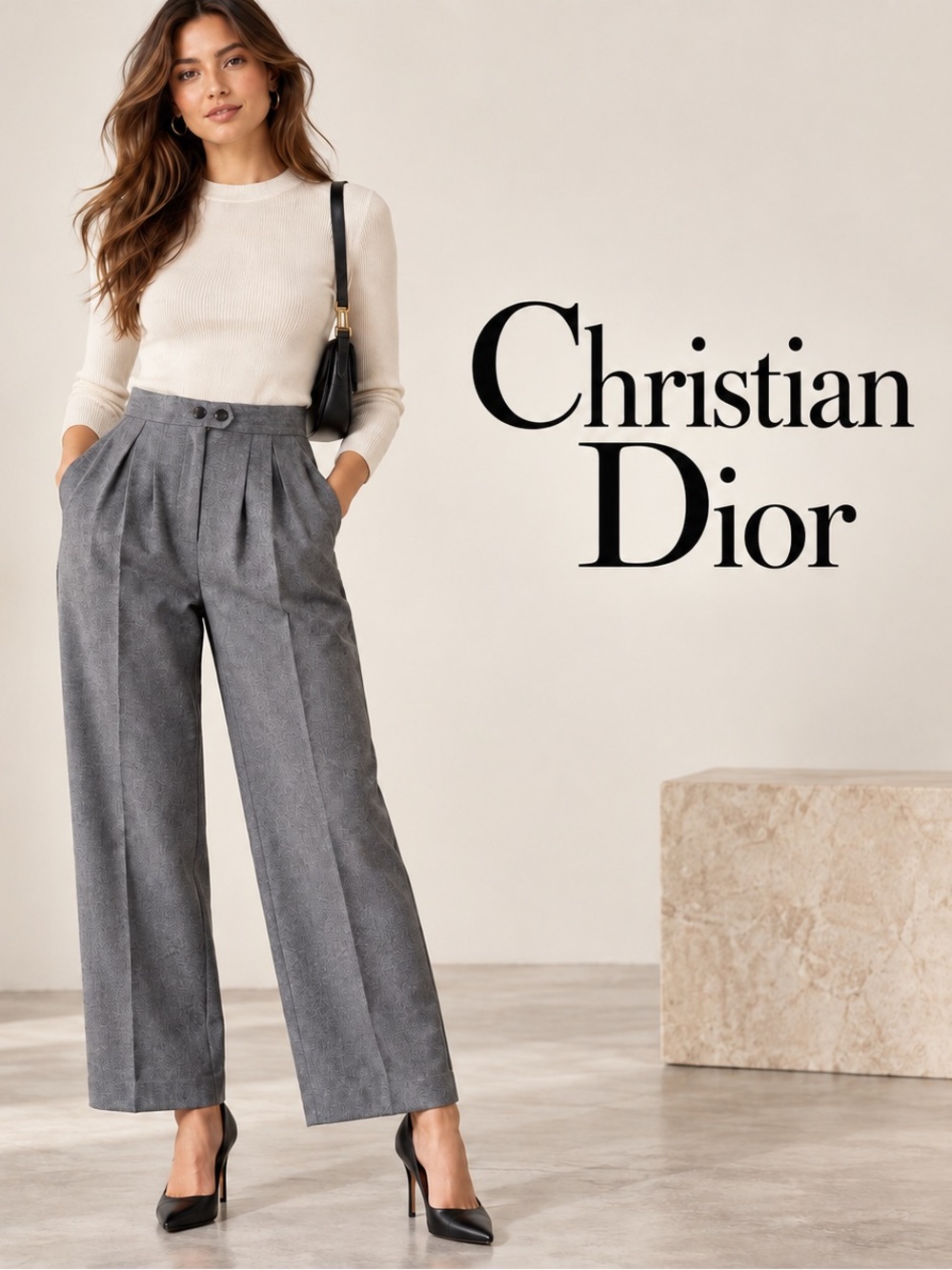 Christian Dior Vintage Wool Trousers Gray High Waist Pleated Wide Leg Pants Size